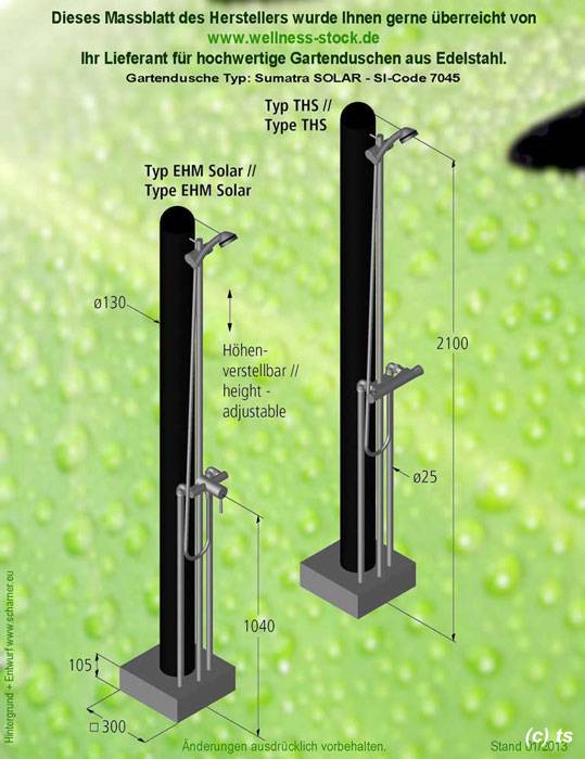 Das Massblatt der Dusche mit Solartank fr Kalt- und Warmwasser Typ Sumatra-Solar